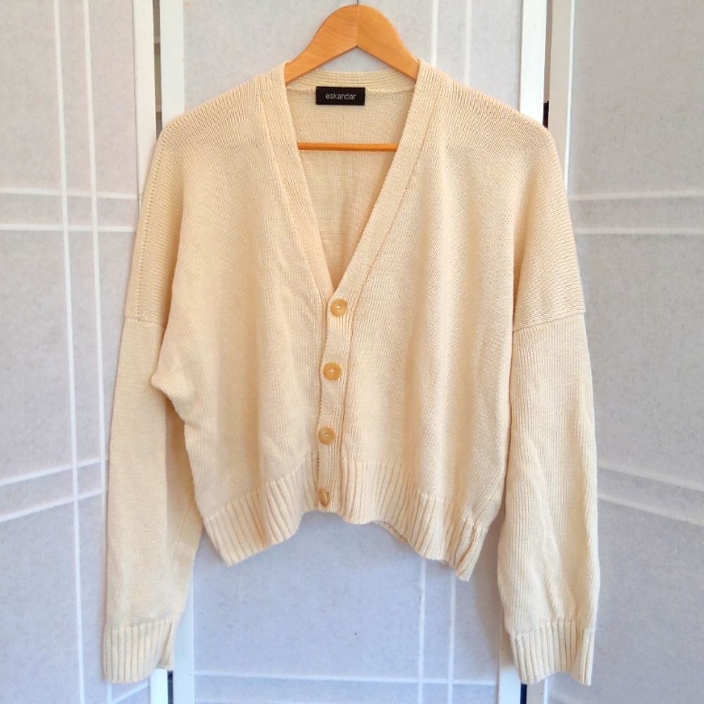 ESKANDAR 100% linen ivory cream sweater cardigan